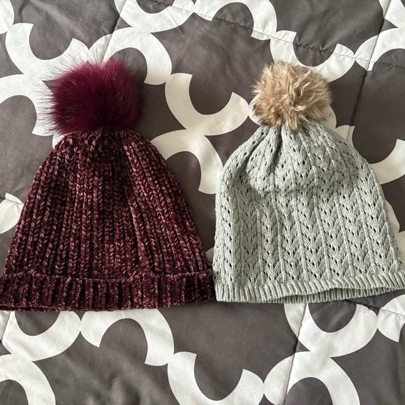 Accessories - Cozy Knit Beanies Set of 2 with Pom Poms Gray and Purple